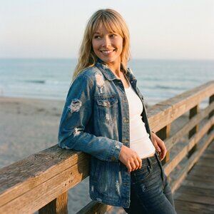 Womens XXL Longline Distressed Denim Jacket Blue Wash Button Front Pockets Y2K